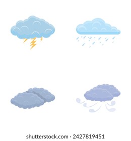 Weather icons set cartoon vector. Various cloud with rain, thunderstorm and wind. Meteorology, weather condition