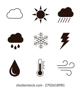 Weather icons set cloud sun rain snowflake lightning drop thermometer wind	
