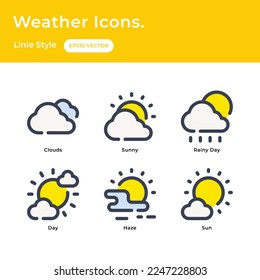Iconos climáticos ambientados con nubes, sol, sol, neblina, día, lluvias