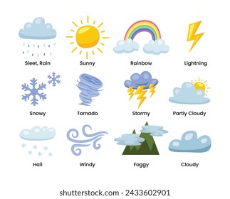 Weather icons set collection with cartoon style, suitable for kids children education worksheet, climate cartoon sign. Thunderstorm, rain, sunny day, fog, winter snow, night, rainbow.