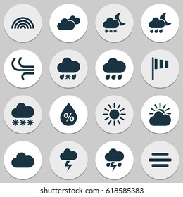 Weather Icons Set. Collection Of Cloudy, Nightly, Lightning And Other Elements. Also Includes Symbols Such As Haze, Breeze, Light.