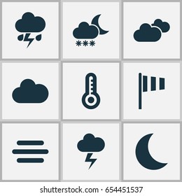 Weather Icons Set. Collection Of Cloudy, Flag, Lightning And Other Elements. Also Includes Symbols Such As Flash, Moon, Cloud.