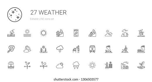 weather icons set. Collection of weather with cold water, sun, raining, cloud, weather vane, weathercock, umbrella, tornado, ice, water, drought. Editable and scalable icons.