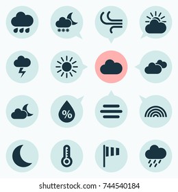 Weather Icons Set. Collection Of Colors, Rainy, Temperature And Other Elements. Also Includes Symbols Such As Rainy, Fog, Sunlight.