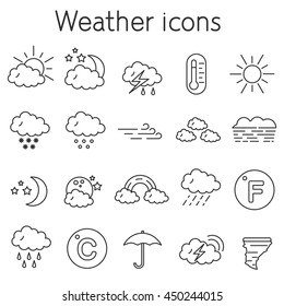 weather icons set. collection of weather conditions. thin line design