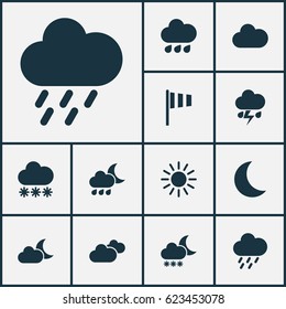 Weather Icons Set. Collection Of Flag, Snowy, Moon And Other Elements. Also Includes Symbols Such As Moon, Moonlight, Flag.
