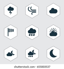 Weather Icons Set. Collection Of Flag, Moon, Moonlight And Other Elements. Also Includes Symbols Such As Cold, Snow, Vane.