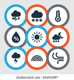 Weather Icons Set. Collection Of Flash, Lightning, Nightly And Other Elements. Also Includes Symbols Such As Nightly, Thermometer, Cold.
