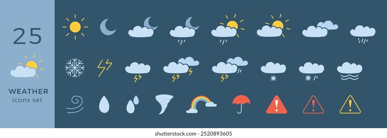 Conjunto de ícones meteorológicos, coleção. Ícone de previsão do tempo definido. Todas as estações ícone do tempo isolado fundo azul. Tempo, chuva, flocos de neve, trovoada, sol, nublado, vento, luz do dia, noite, temperatura,