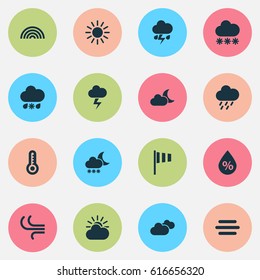 Weather Icons Set. Collection Of Lightning, Sun-Cloud, Douche And Other Elements. Also Includes Symbols Such As Crescent, Temperature, Light.