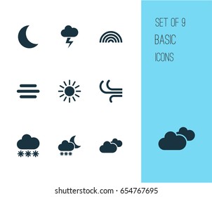 Weather Icons Set. Collection Of Lightning, Moon, Breeze And Other Elements. Also Includes Symbols Such As Rainy, Outbreak, Lightning.