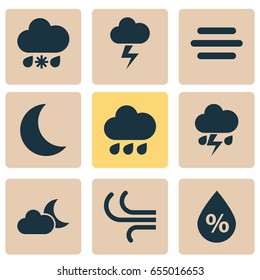 Weather Icons Set. Collection Of Lightning, Moisture, Haze And Other Elements. Also Includes Symbols Such As Wind, Wet, Moonlight.