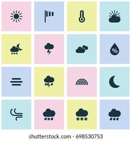Weather Icons Set. Collection Of Moisture, Snowy, Wet And Other Elements. Also Includes Symbols Such As Light, Rainbow, Rainy.