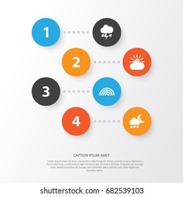 Weather Icons Set. Collection Of Nightly, Sun-Cloud, Colors And Other Elements. Also Includes Symbols Such As Flash, Rainy, Cloud.