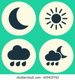 Weather Icons Set. Collection Of Rainy, Moon, Nightly And Other Elements. Also Includes Symbols Such As Sun, Rain, Hate.