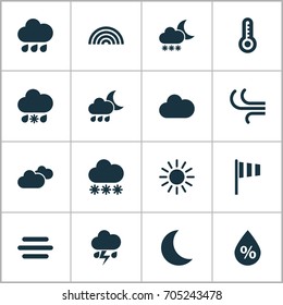 Weather Icons Set. Collection Of Rainy, Colors, Temperature And Other Elements. Also Includes Symbols Such As Temperature, Hot, Light.