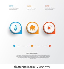 Weather Icons Set. Collection Of Snowy, Sun, Temperature And Other Elements. Also Includes Symbols Such As Thermometer, Snow, Snowy.