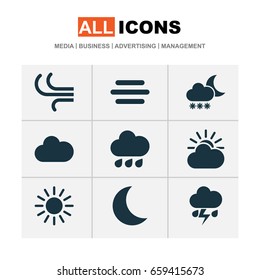Weather Icons Set. Collection Of Sun, Sun-Cloud, Breeze And Other Elements. Also Includes Symbols Such As Rain, Sun, Cloudy.