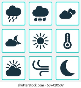 Weather Icons Set. Collection Of Sun-Cloud, Moonlight, Douche And Other Elements. Also Includes Symbols Such As Thermometer, Breeze, Cloud.