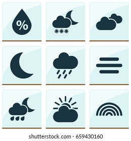 Weather Icons Set. Collection Of Sun-Cloud, Night, Colors And Other Elements. Also Includes Symbols Such As Rainbow, Sunlight, Sun.