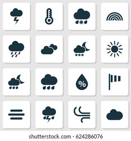Weather Icons Set. Collection Of Temperature, Colors, Douche And Other Elements. Also Includes Symbols Such As Temperature, Thermometer, Weather.