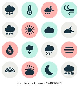 Weather Icons Set. Collection Of Temperature, Lightning, Douche And Other Elements. Also Includes Symbols Such As Fog, Night, Moon.
