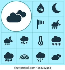 Weather Icons Set. Collection Of Temperature, Colors, Flag And Other Elements. Also Includes Symbols Such As Snowy, Thermometer, Snow.