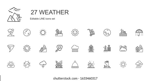 weather icons set. Collection of weather with tornado, storm, winter hat, cloud, moon, sunset, cold water, police box, rain, color, landslide. Editable and scalable weather icons.