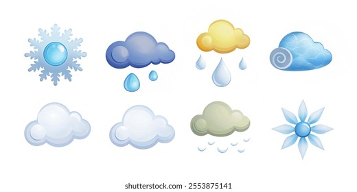  weather icons set collections, sun, cumulus and snowflakes. Trendy fluffy bubbles clouds, wind symbol, raindrops. Pithy isolated  vector illustration. isolated on white background.