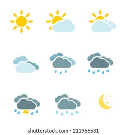 Weather Icons Set Color Simple Flat Symbols Isolated On White Background. Vector Illustration