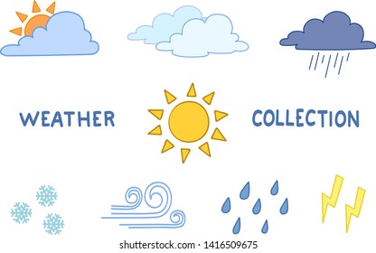 Weather icons set colorful art, cloud, sun, rain, snow, wind. Vector illustration on white background