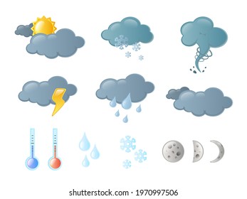 Weather Icons set. Contains icons of the sun, clouds, snowflakes, wind, rain, temperature and more.