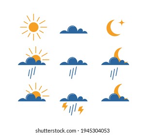 Wettersymbole gesetzt. Für die Wettervorhersage sind einfache flache Symbole. Sonne, Wolke, Mond, Regen, Blitzsymbole. Vektorgrafik