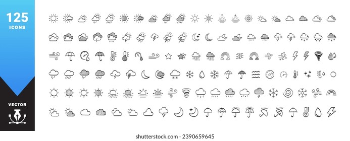 Iconos del tiempo. Iconos del meteorólogo dibujado. Símbolo de signo de pronóstico del tiempo. Gráficos escalables para vectores