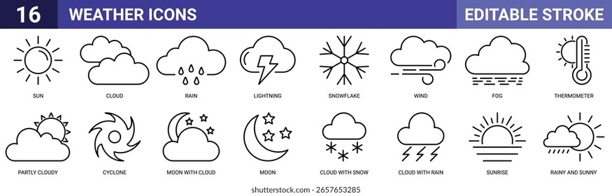 Iconos de Clima Conjunto Editable Golpe – Sol, Nube, Lluvia, Relámpago, Copo de nieve, Viento, Niebla, Termómetro, Parcialmente nublado, Ciclón, Luna, Salida del sol, Nube con nieve, Nube con Vector de lluvia