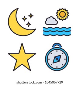 Weather Icons Set (Filled Line) = moon night, sun wave, star, compass . Perfect for website mobile app, presentation, illustration and any other projects.