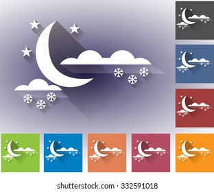 Weather icons set in a flat style. Overcast and snow. Moon. Multicolored icons for weather forecasting.