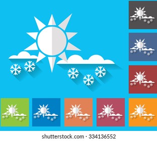 Weather icons set in a flat style. Overcast and snow. Sun. Multicolored icons for weather forecasting.