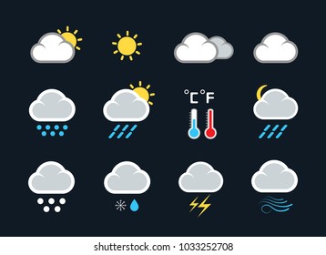 Weather icons set. Flat vector symbols on dark background