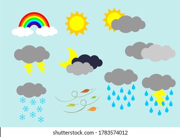 Weather icons set. Flat vector symbols on light blue background.