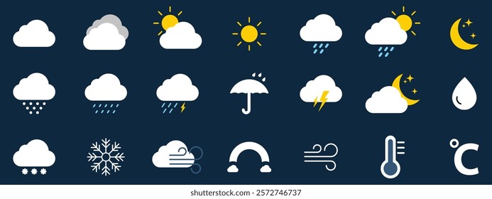 weather icons set. Flat vector symbols, 天気にまつわるアイコンセット（モノクロ）, Weather icons for web. Forecast weather flat symbols. Pictogram vector icons. vector illustration