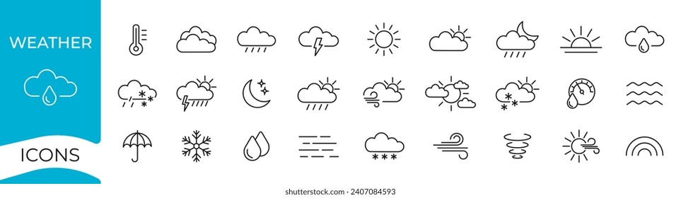 Wettersymbole gesetzt. Wetter prognostiziert dünne Linie Symbol. Vektorgrafik.