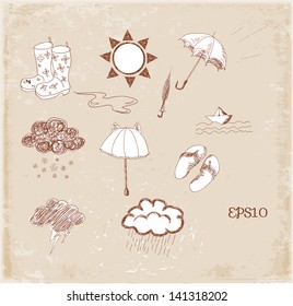Weather icons set. Hand drawn sketch illustration in vintage style