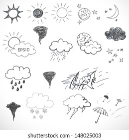 Weather icons set  Hand drawn sketch illustration isolated white background