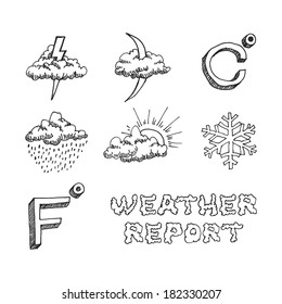 Weather icons set.  Hand drawn sketch illustration isolated on white background Vector eps8