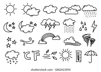 weather icons set hand drawn doodles style for prints, kids clothes, card, wrapping paper, cover, poster, background. vector illustration