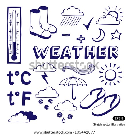 Weather icons set. Hand drawn sketch illustration isolated on white background