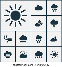Weather icons set with heavy rain, crescent, sunlight and other raindrop elements. Isolated vector illustration weather icons.