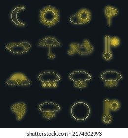 Weather icons set. Illustration of 16 weather vector icons neon color on black