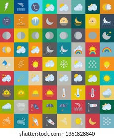 Weather icons set - illustration pack of weather forecast graphic elements, sun, cloud, rain, snow, wind, rainbow. Web or Mobile Weather App